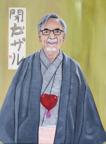 A man dressed in a Kimono with a calligraphy text of "hear no evil".