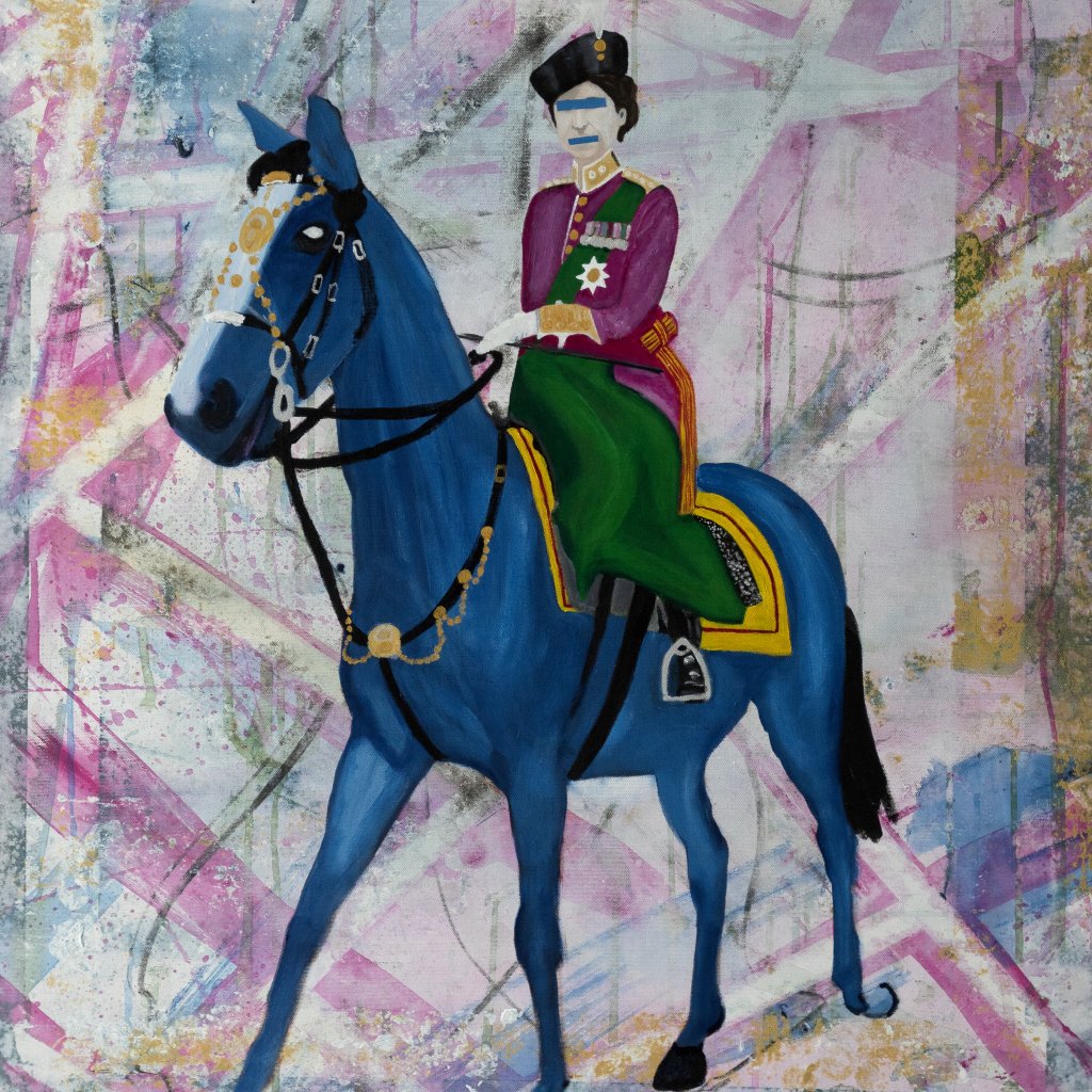 The queen on a blue horse