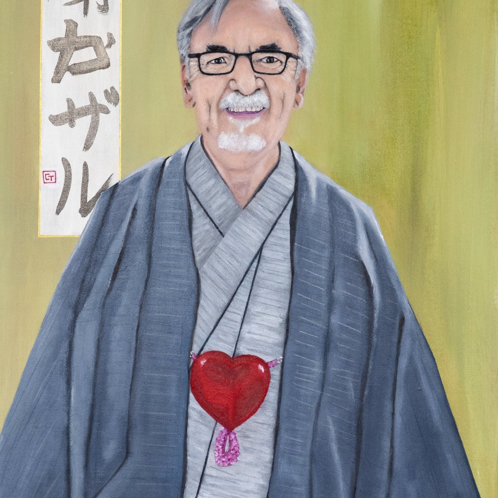 A man dressed in a Kimono with a calligraphy text of "hear no evil".